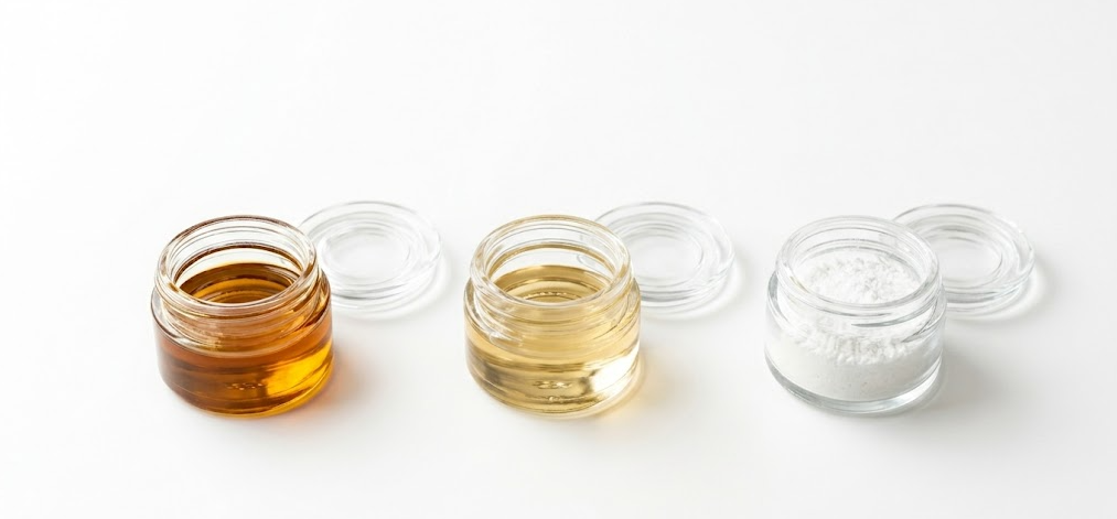 Three glass jars showing full spectrum (amber), broad spectrum (light gold), and isolate (white crystals)