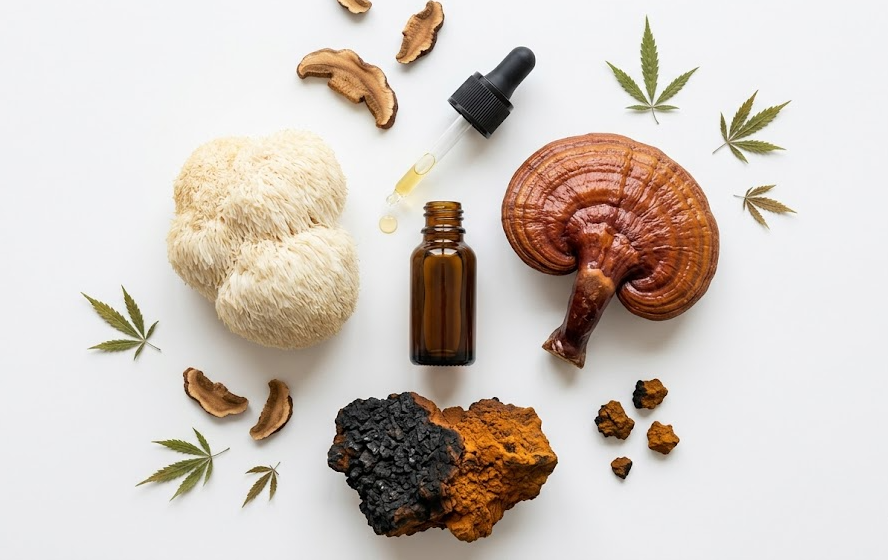 Flat lay of Lion's Mane, Reishi, and Chaga mushrooms with a CBD oil dropper bottle and hemp leaves on white