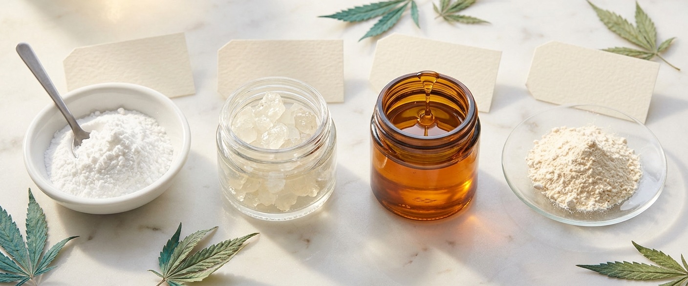 CBD isolate powder, crystalized CBD, amber distillate, and hemp extracts on white marble with hemp leaves
