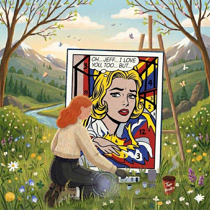Storybook illustration of a woman painting outdoors in a mountain meadow
